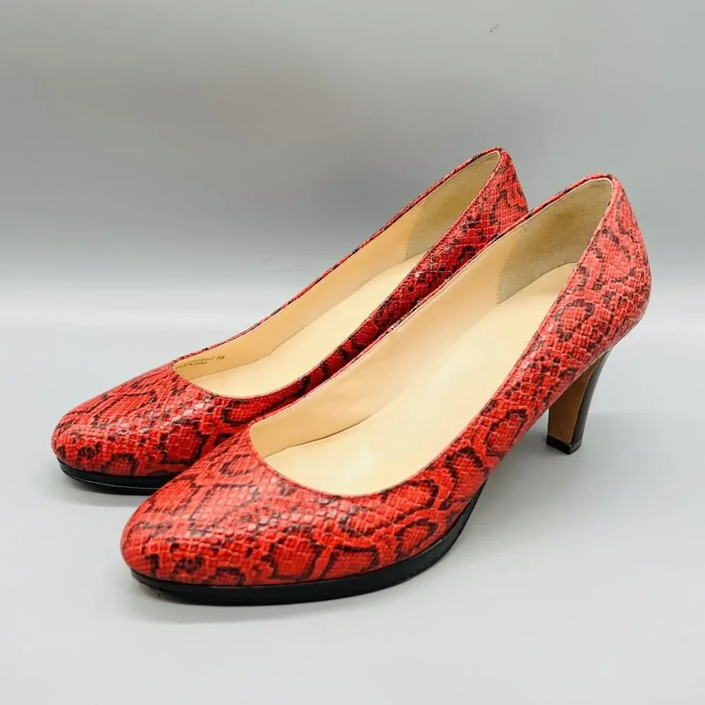 Cole Haan Shoes Women 9 Red Leather Snake Print Cone Heel Pump Round Toe Slip On
